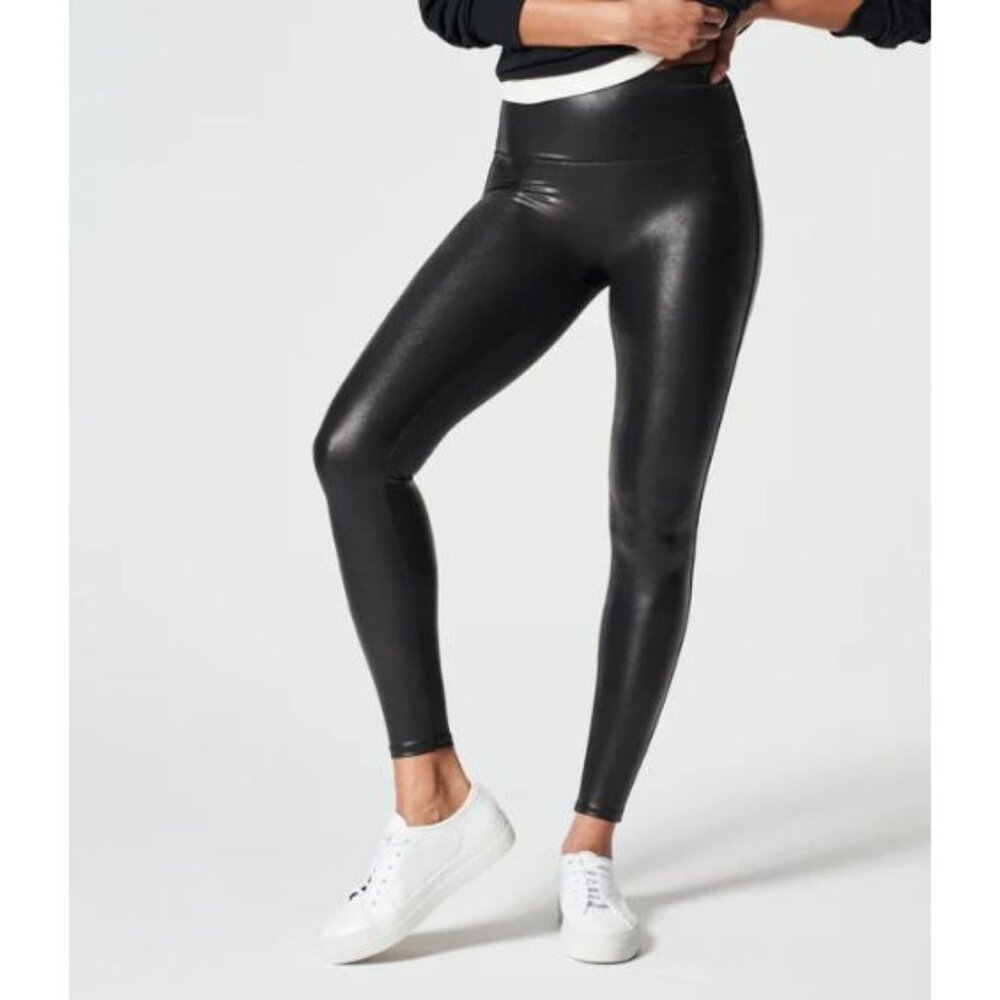 Spanx Faux Leather Leggings Women M Tall Black Shiny Shapewear Stretch Rocker